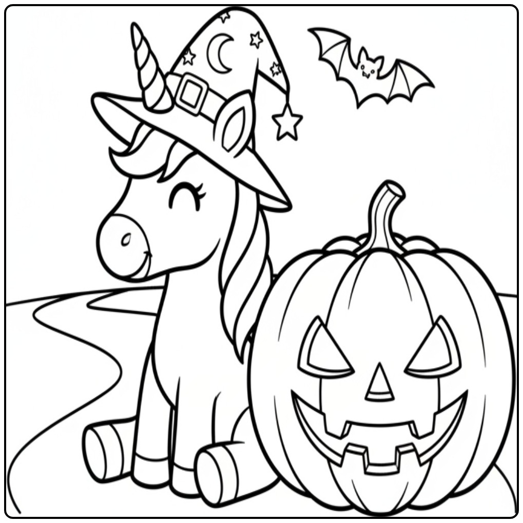 Un mignon coloriage licorne halloween avec une citrouille sculptée