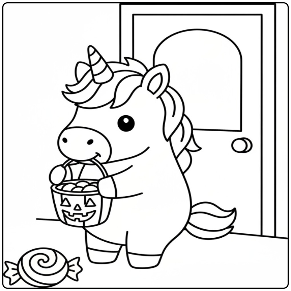 Un mignon coloriage licorne halloween avec un seau citrouille.