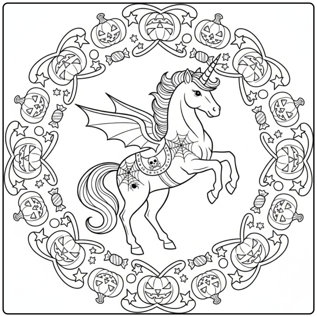 Joli coloriage licorne halloween avec citrouilles et bonbons.