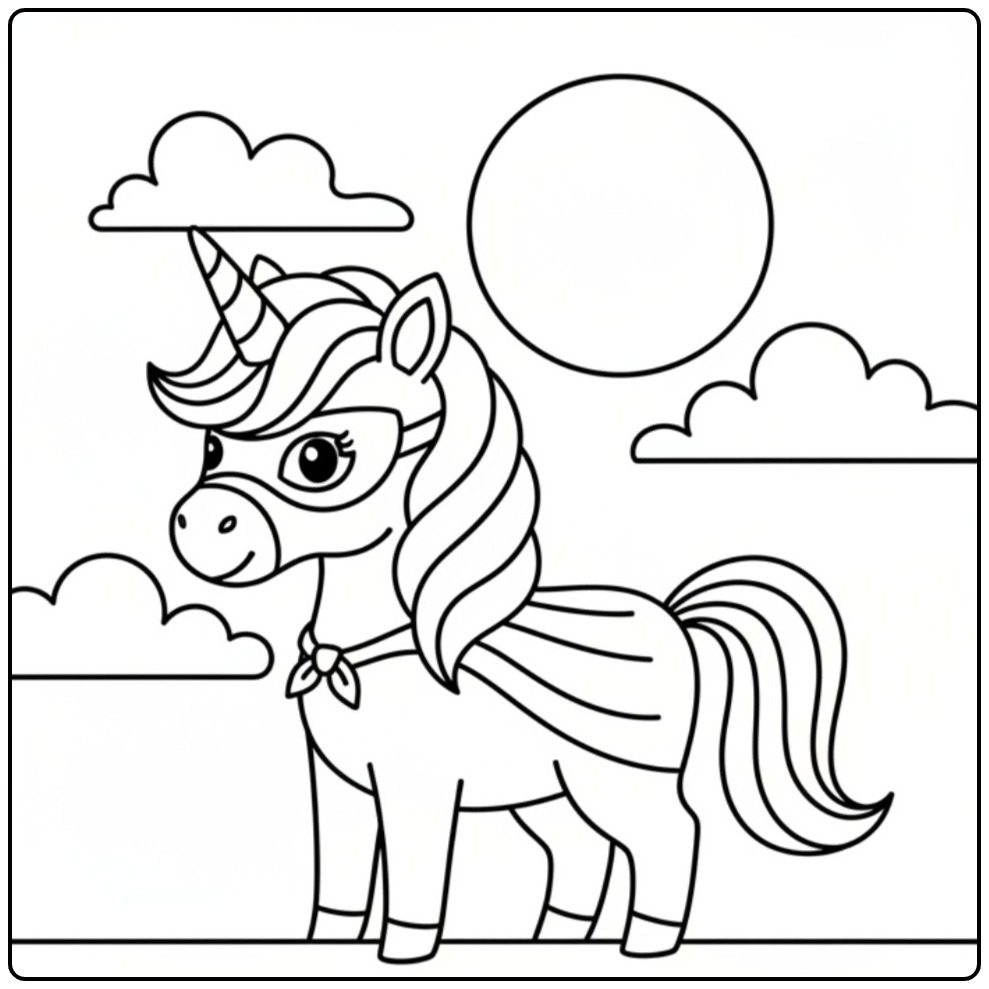 Un joli coloriage licorne halloween déguisée en super héros.