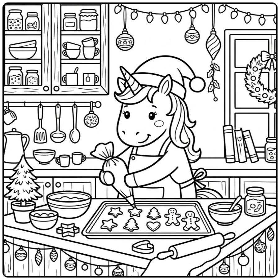 Un adorable coloriage licorne noel dans sa cuisine festive.
