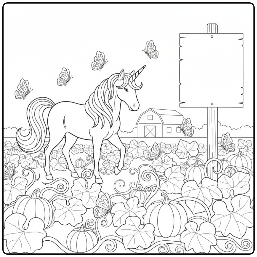 Un joli coloriage licorne papillon dans un champ de citrouilles.