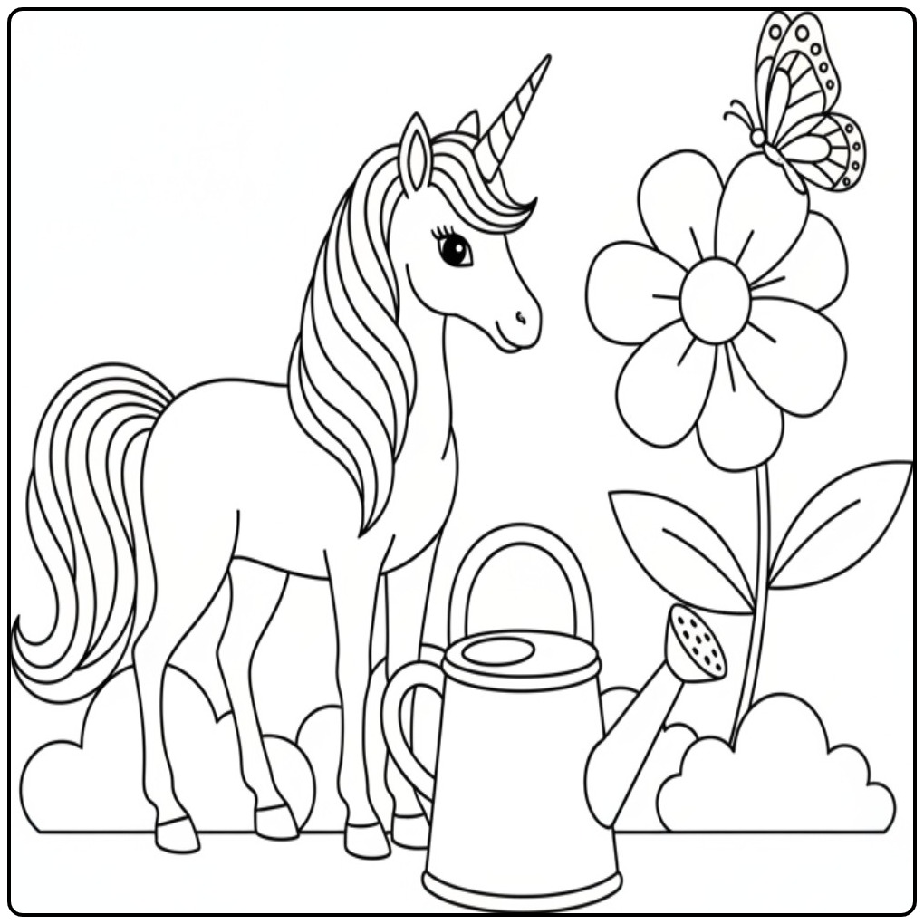 Joli coloriage licorne papillon avec un arrosoir et une fleur.