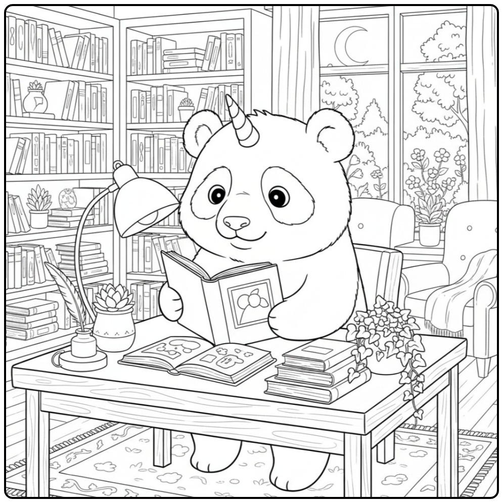 Un joli coloriage panda licorne qui lit un livre à son bureau.