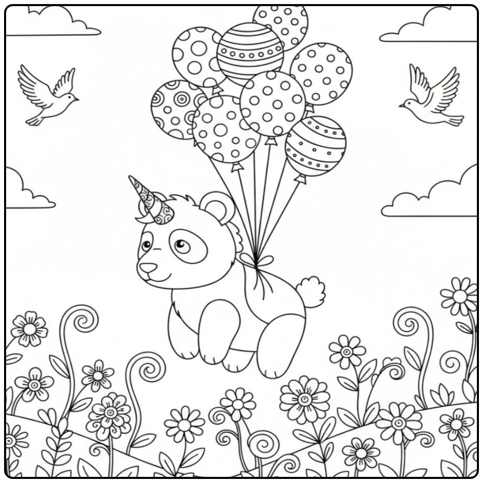 Adorable coloriage panda licorne s'envolant avec des ballons