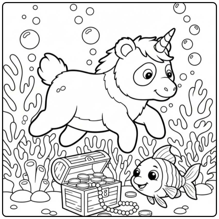 Un mignon coloriage panda licorne nageant sous l'océan.