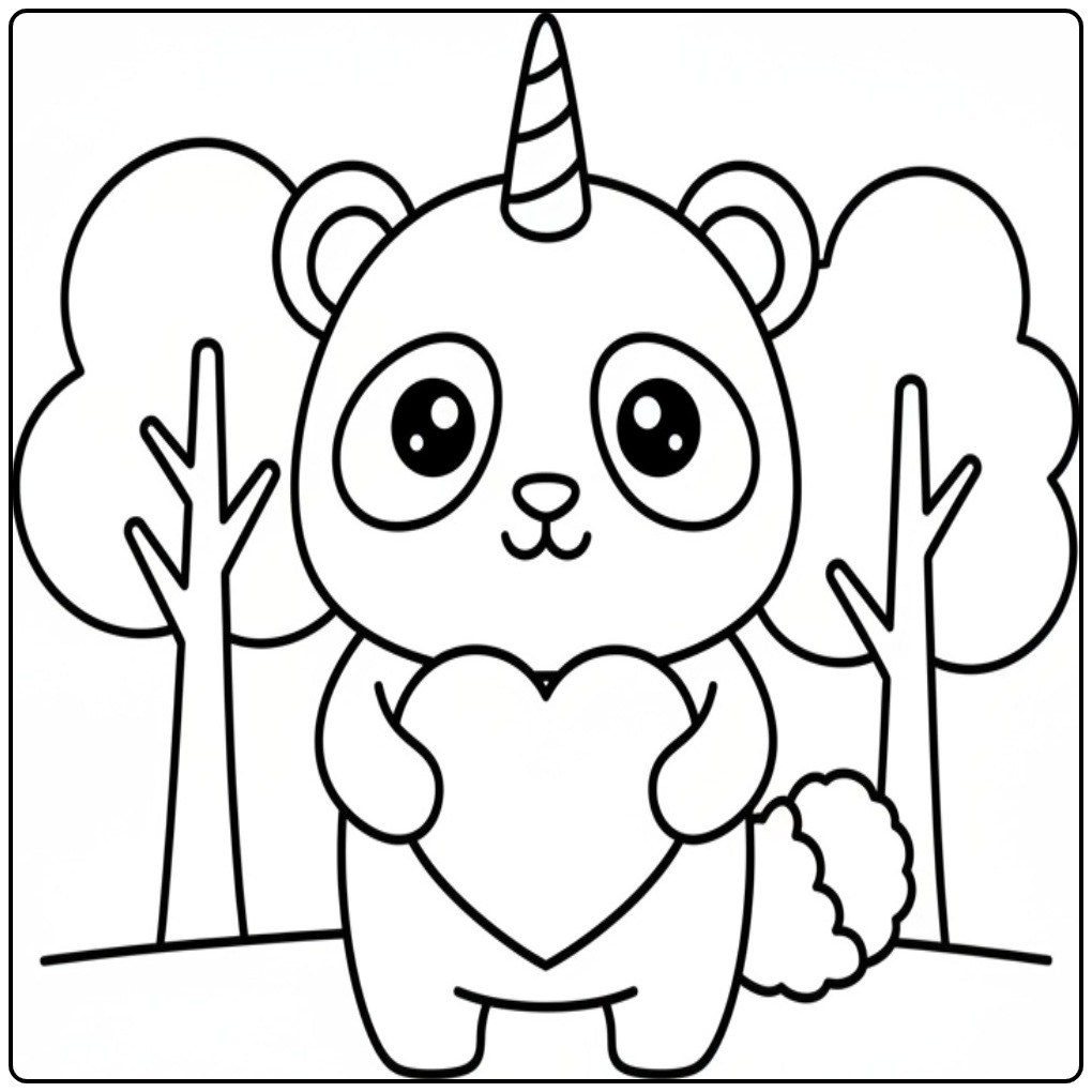 Un joli coloriage panda licorne tenant un gros cœur dans la nature.