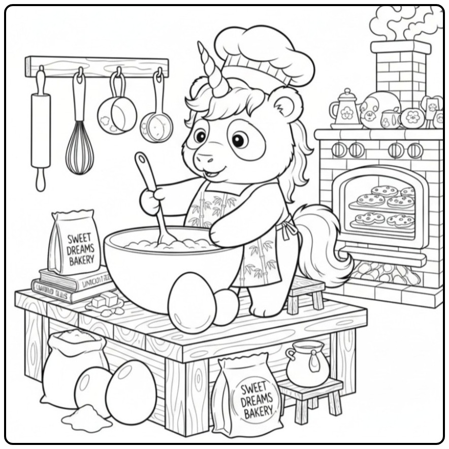 Un adorable coloriage panda licorne pâtissier dans sa cuisine.