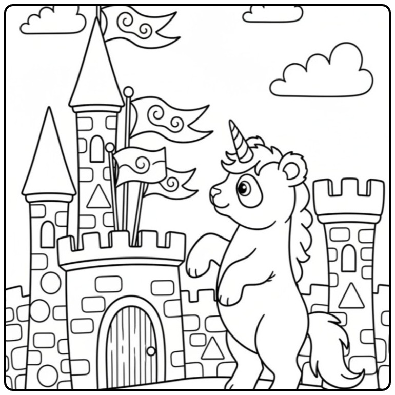 Adorable coloriage panda licorne debout devant son château fort.