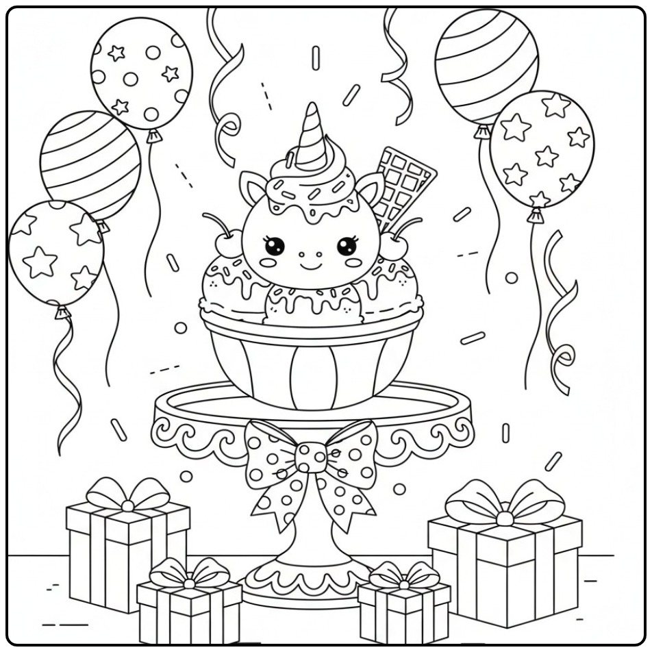 Adorable Coloriage glace licorne sundae avec cadeaux et ballons.