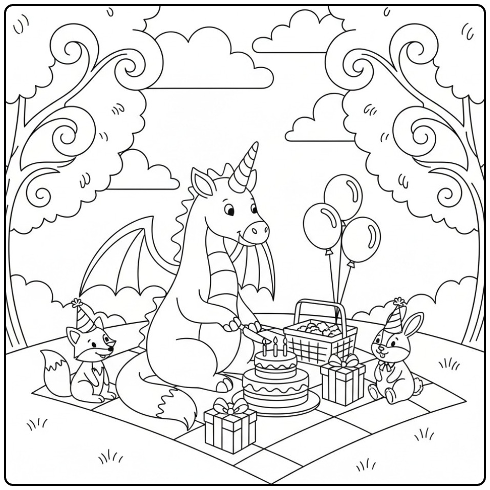 Un joyeux coloriage dragon licorne fêtant son anniversaire.