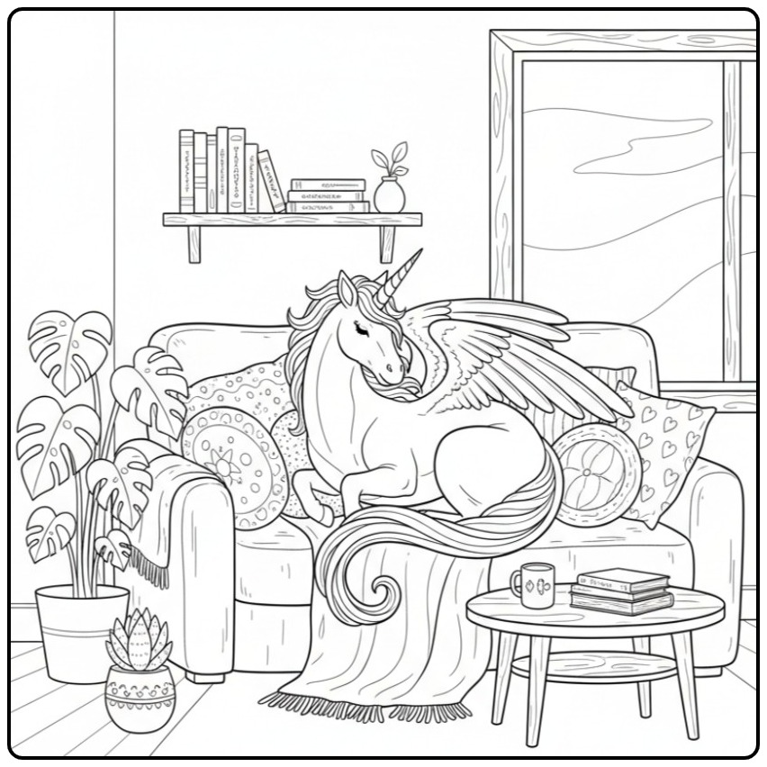 Un magnifique coloriage dragon licorne ailée sur un canapé.