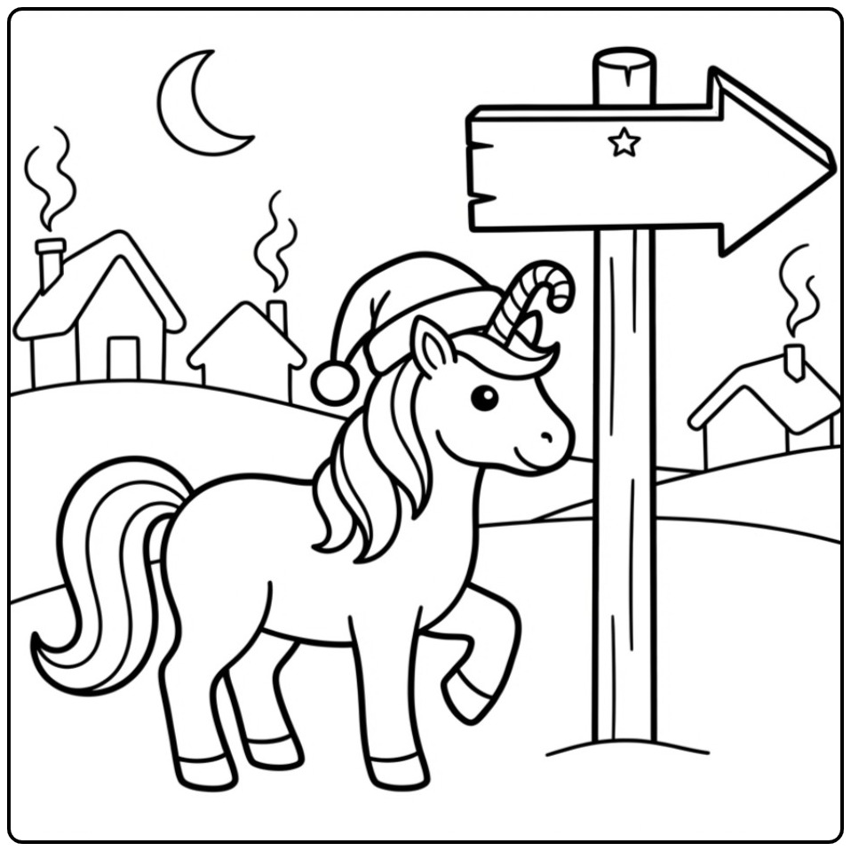 Joli coloriage licorne noel avec un bonnet et un panneau.