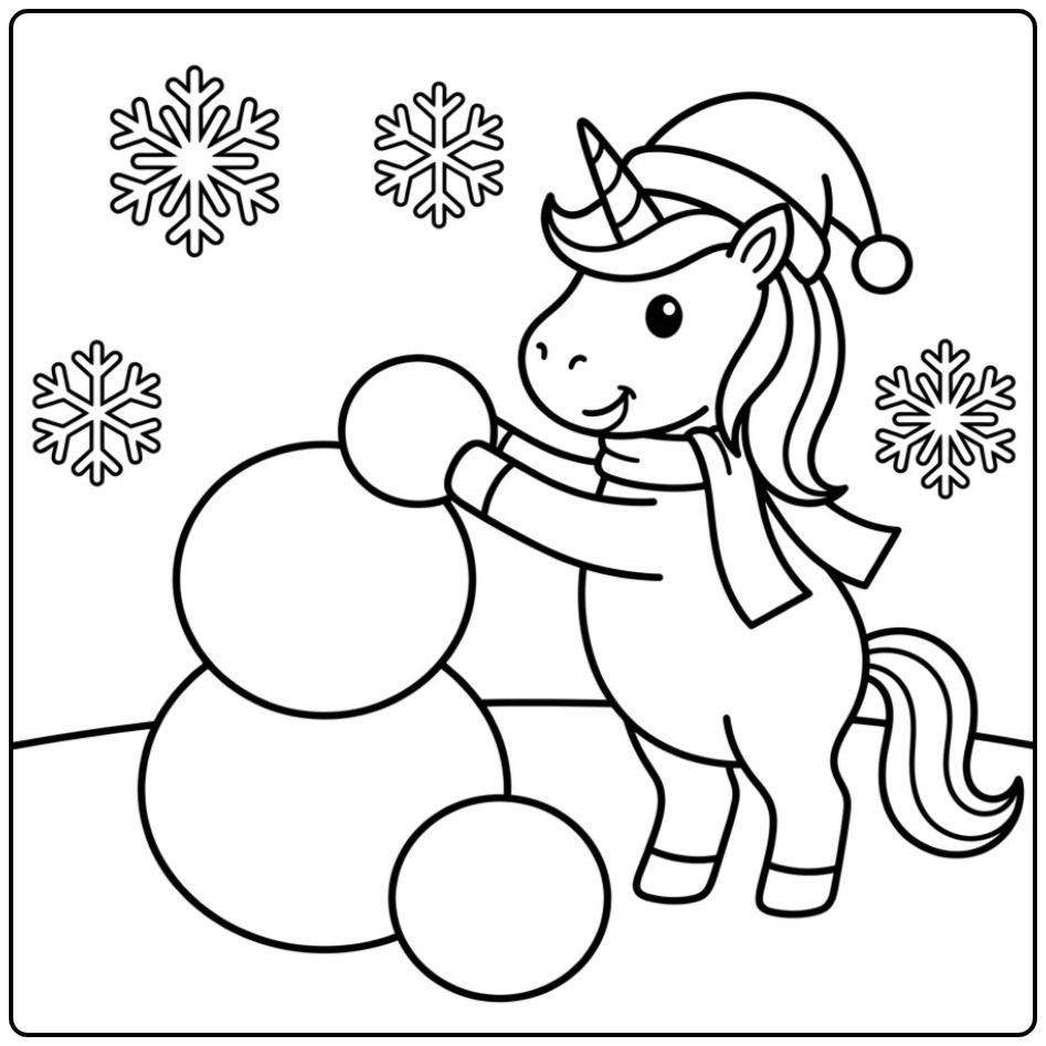 Un joli coloriage licorne noel qui fait un bonhomme de neige.