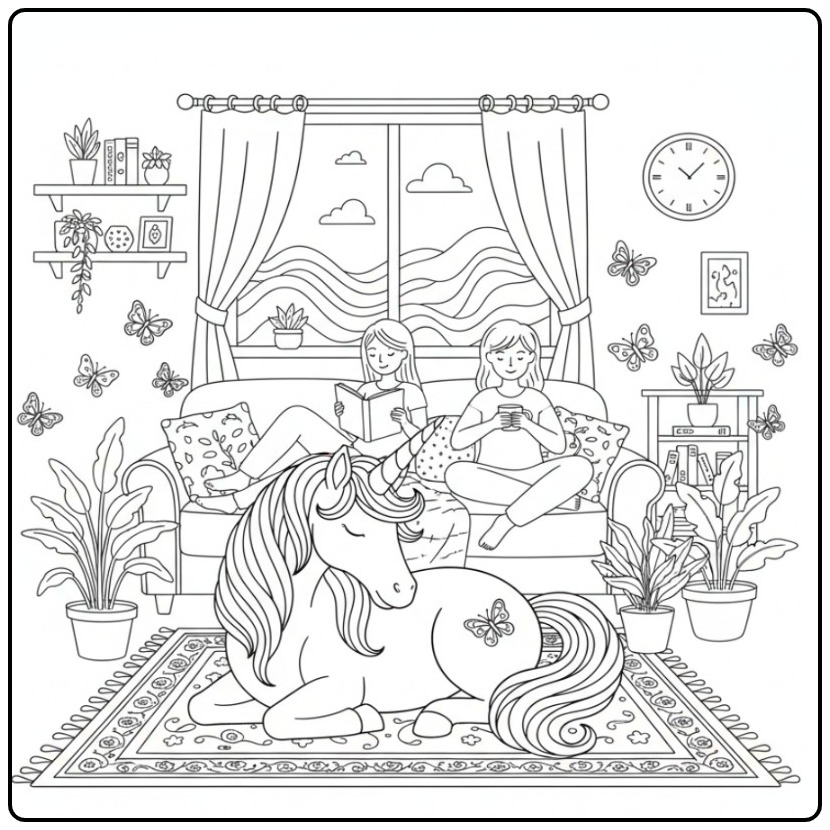 Un salon confortable pour un coloriage licorne papillon.