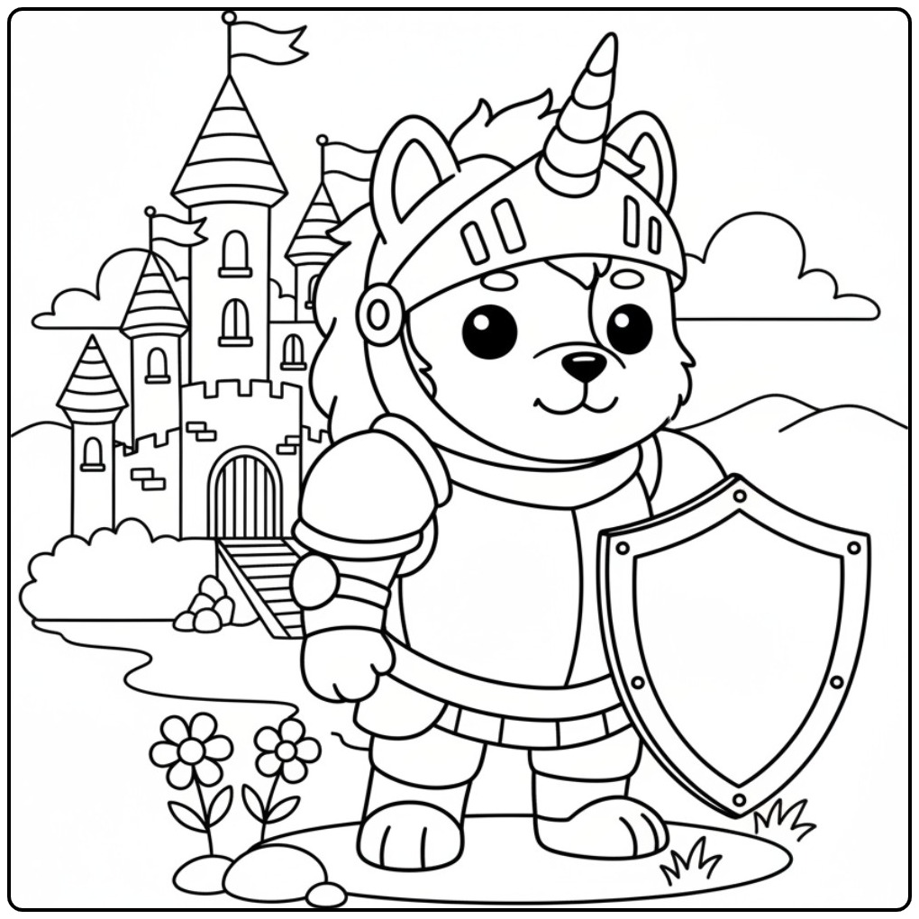 Un courageux chevalier pour un coloriage chien licorne amusant.