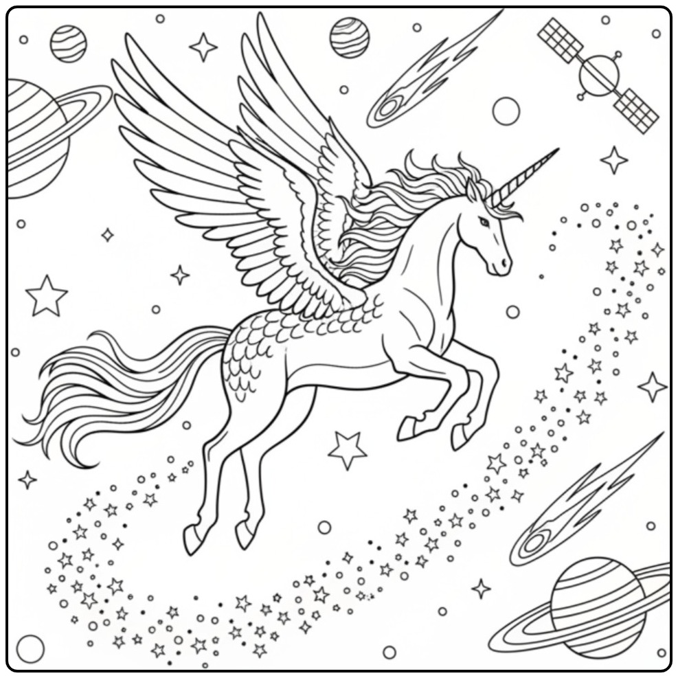 Un magique coloriage dragon licorne volant dans l'espace.
