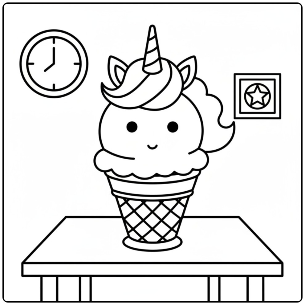 Page de coloriage glace licorne avec une horloge au mur