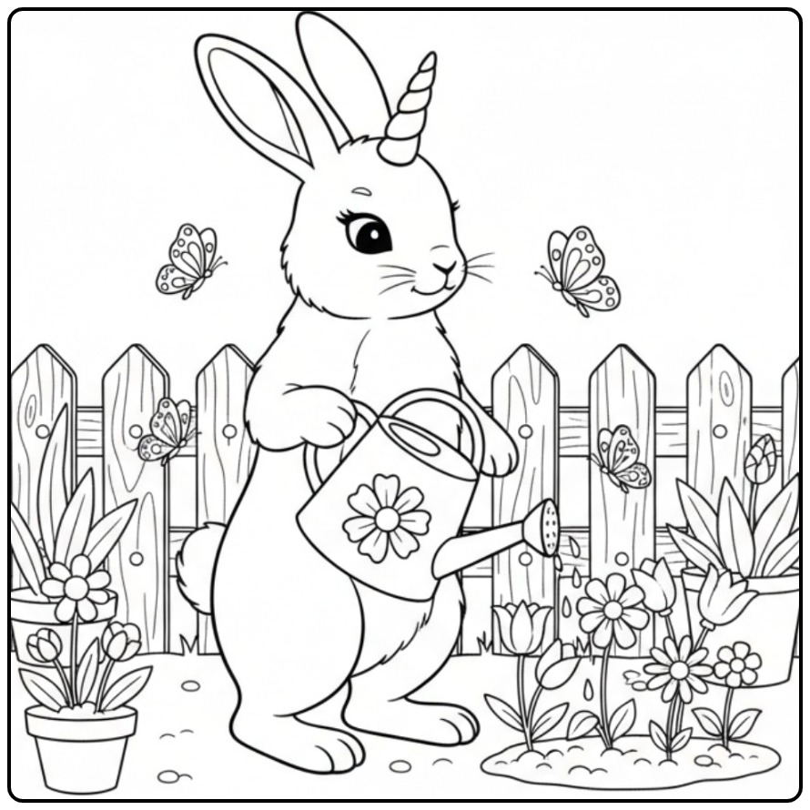Un mignon coloriage lapin licorne arrosant les fleurs du jardin.