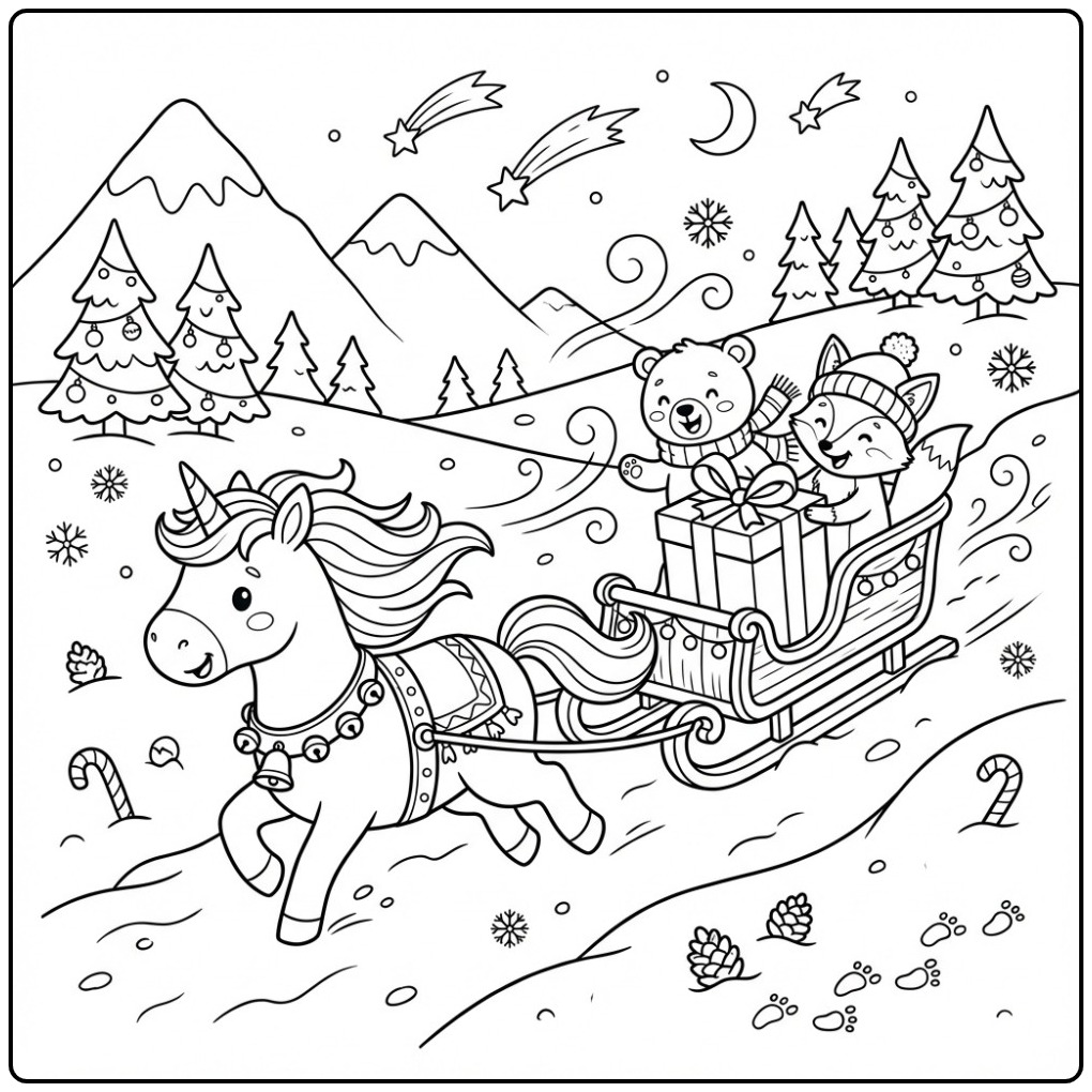Joyeux coloriage Licorne de Noël en Traîneau avec ses amis.