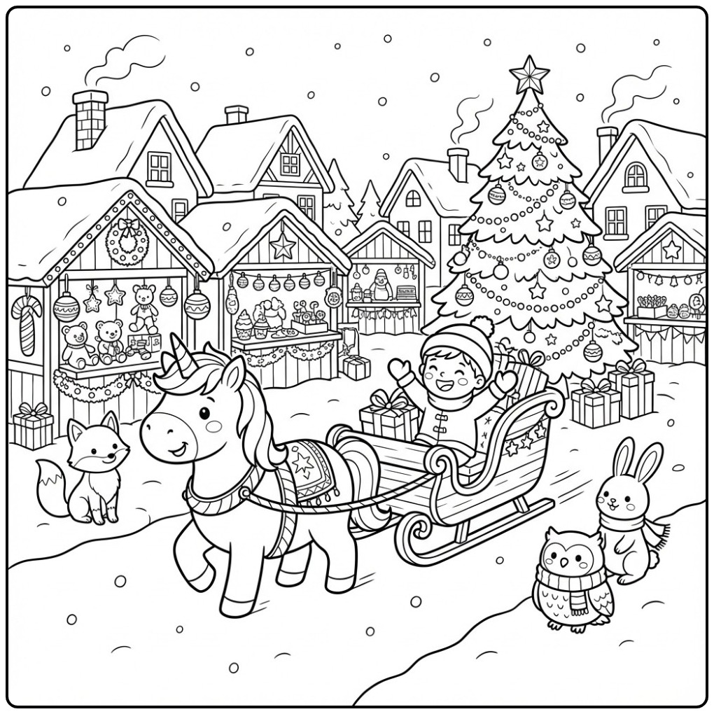 Joyeux coloriage Licorne de Noël en Traîneau avec ses amis.