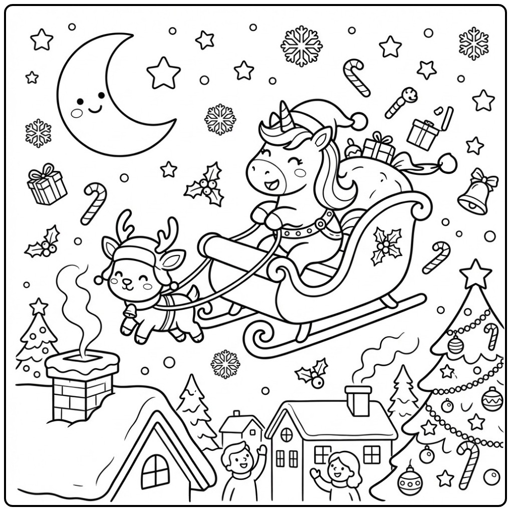 Adorable coloriage Licorne de Noël en Traîneau et son renne.