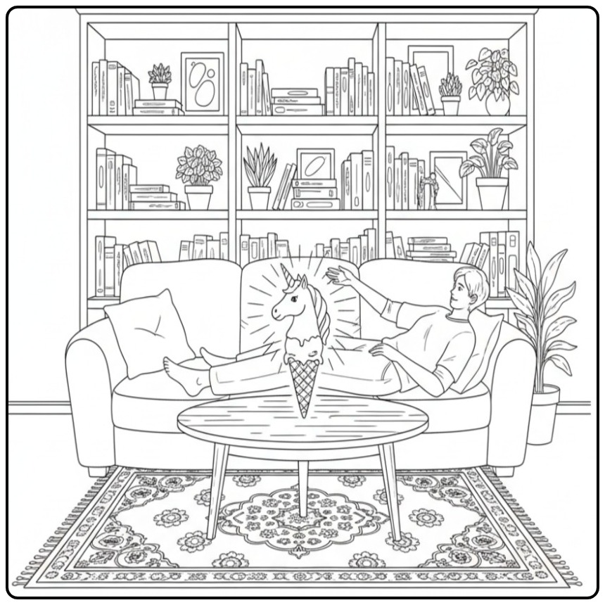Un jeune homme se relaxe devant un coloriage glace licorne.