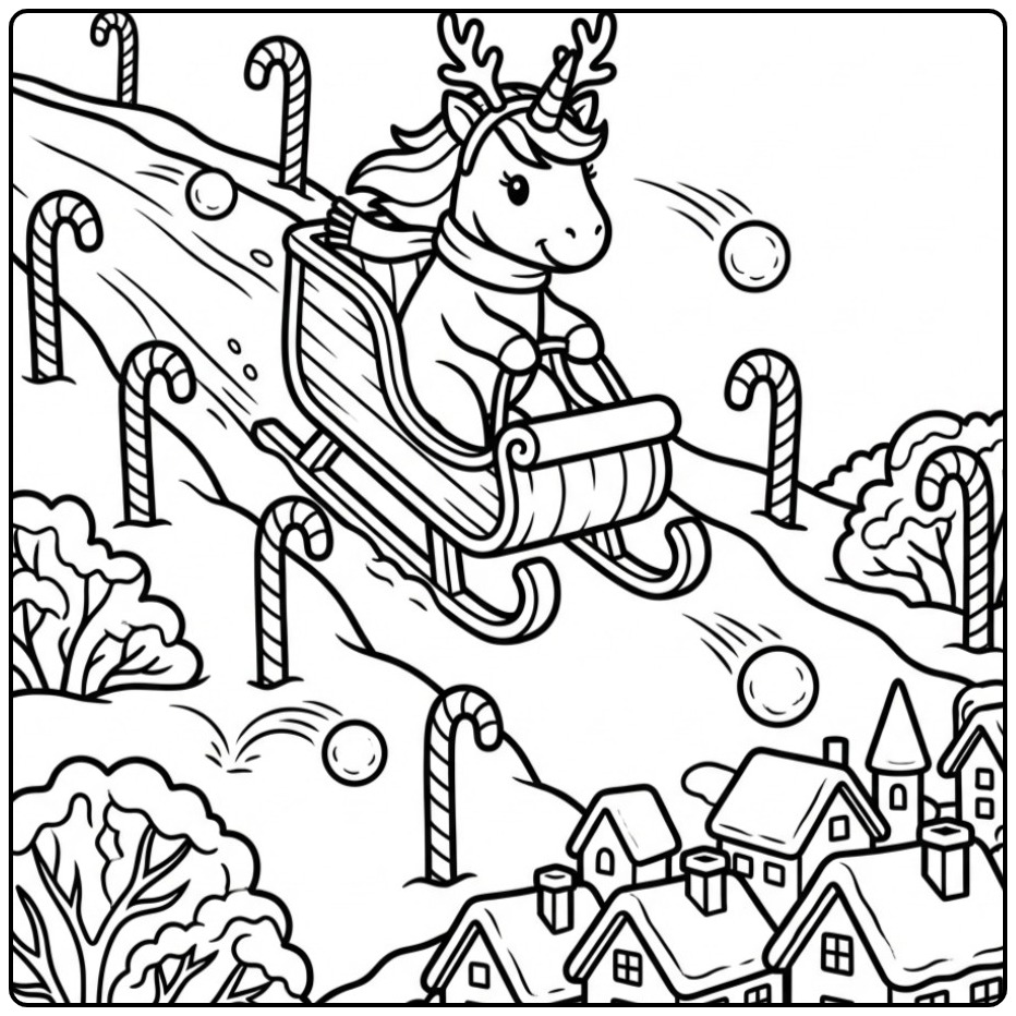 Un amusant coloriage licorne noel dévalant une pente en luge.