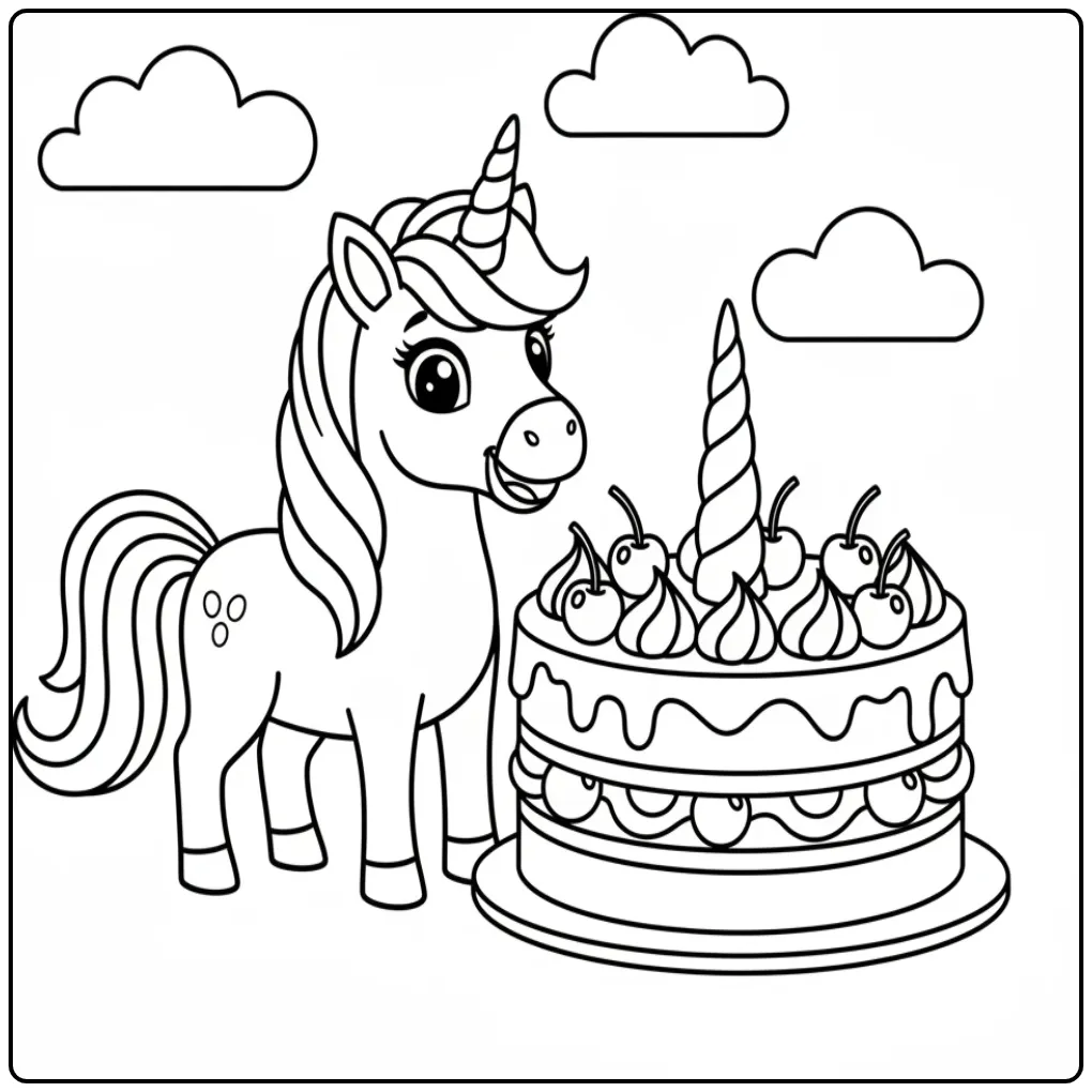 Jolie licorne près d'une Forêt-Noire, coloriage gateau licorne.