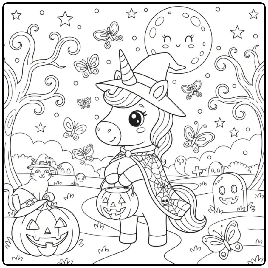 Jolie licorne sorcière et son chat. Coloriage Halloween licorne papillon.