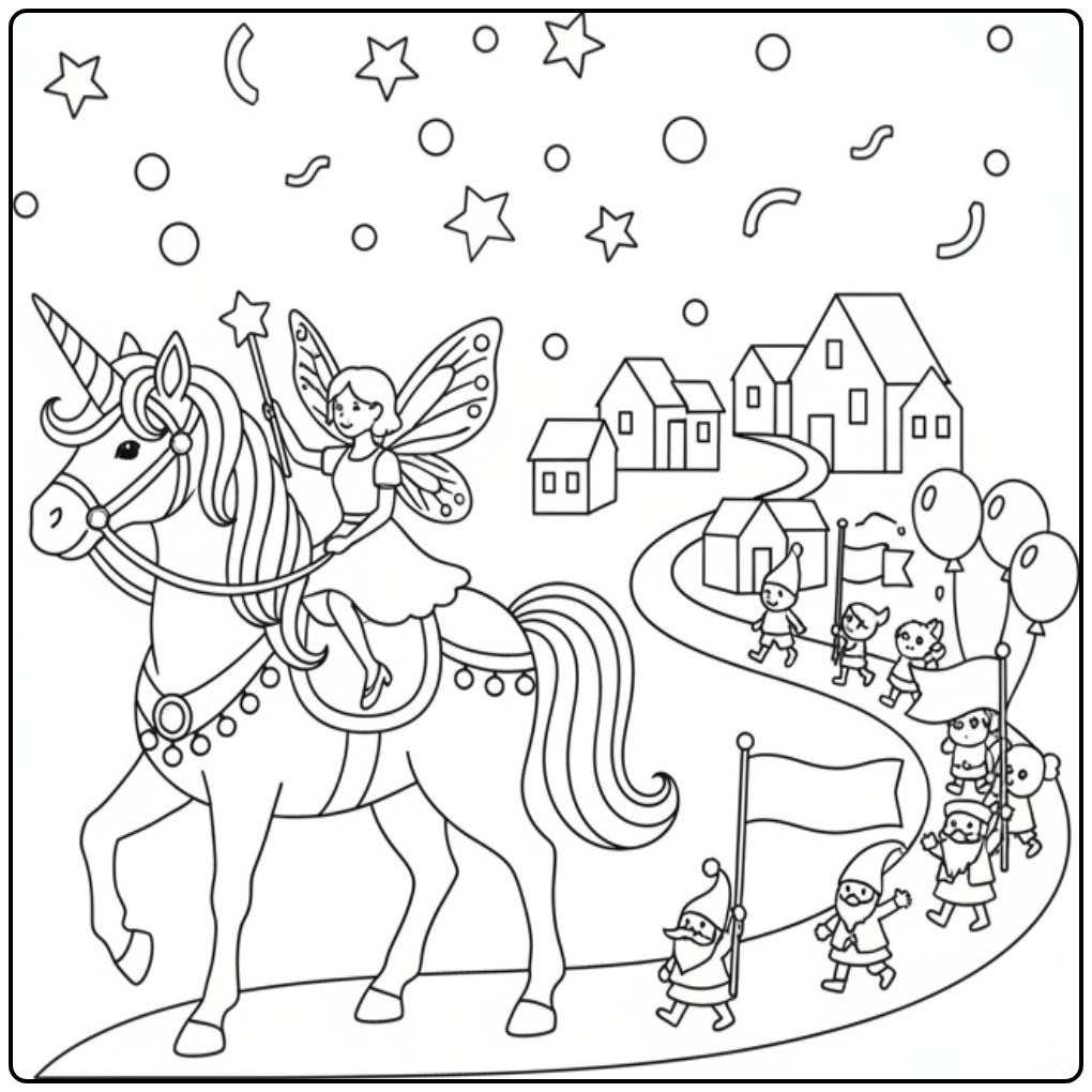 Un joli coloriage fée licorne lors d'une parade de gnomes.