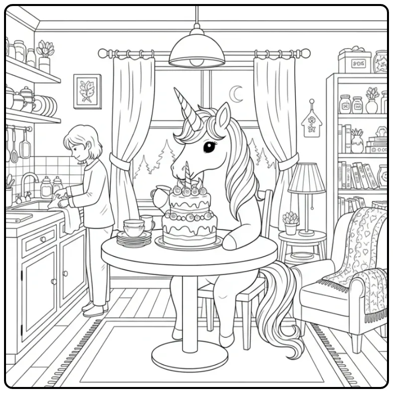 Une licorne mangeant un gâteau dans une cuisine coloriage gateau licorne.