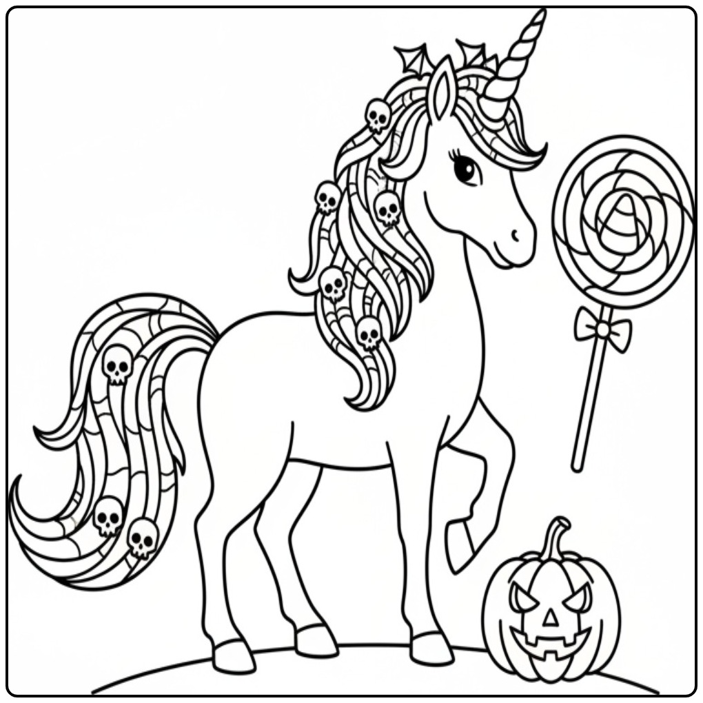 Un simple coloriage licorne halloween avec citrouille et bonbon.