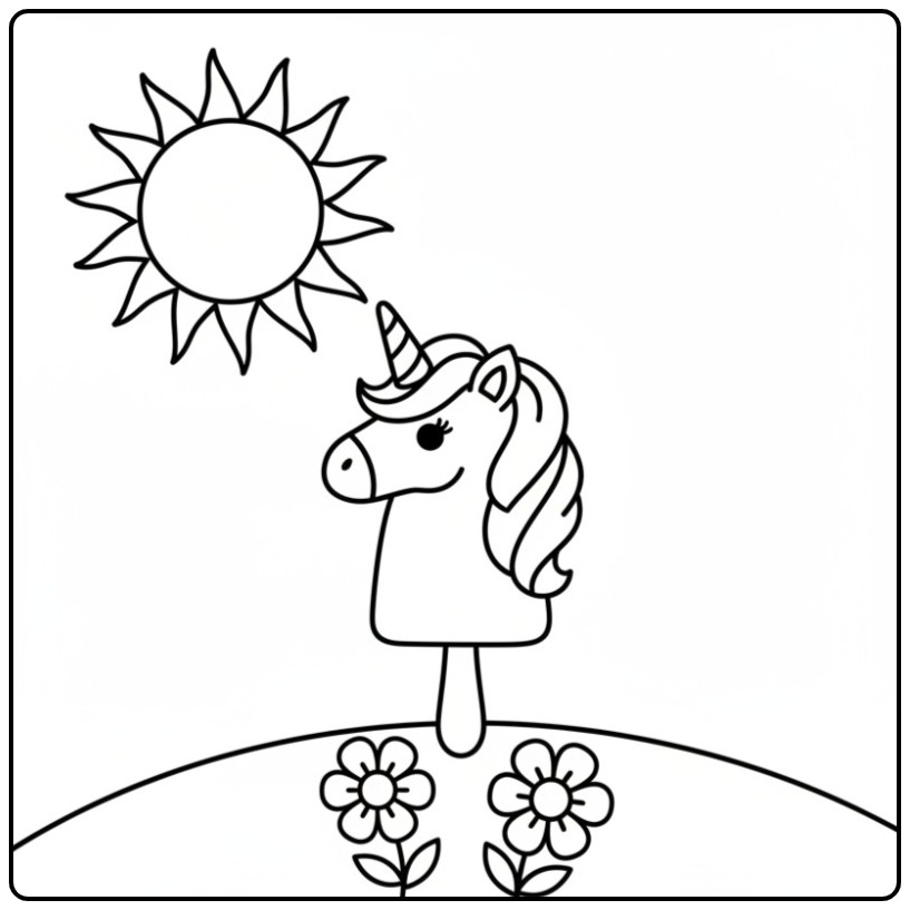 Un mignon coloriage glace licorne avec un soleil et des fleurs.
