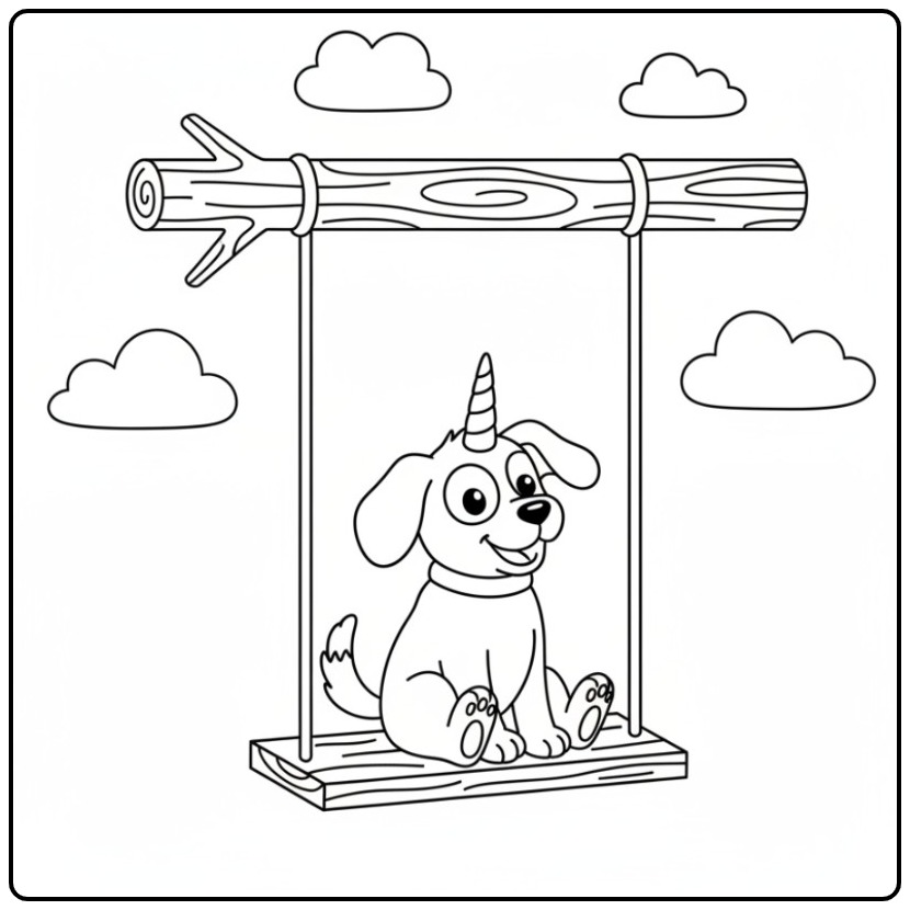 Un mignon coloriage chien licorne souriant sur une balançoire.