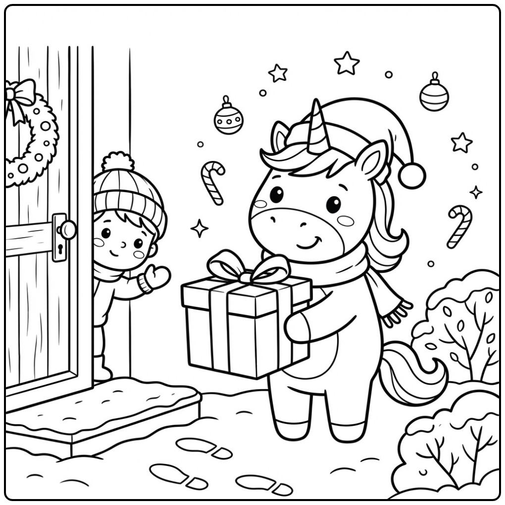 Joyeuse surprise pour ce coloriage Licorne de Noël et Cadeaux.