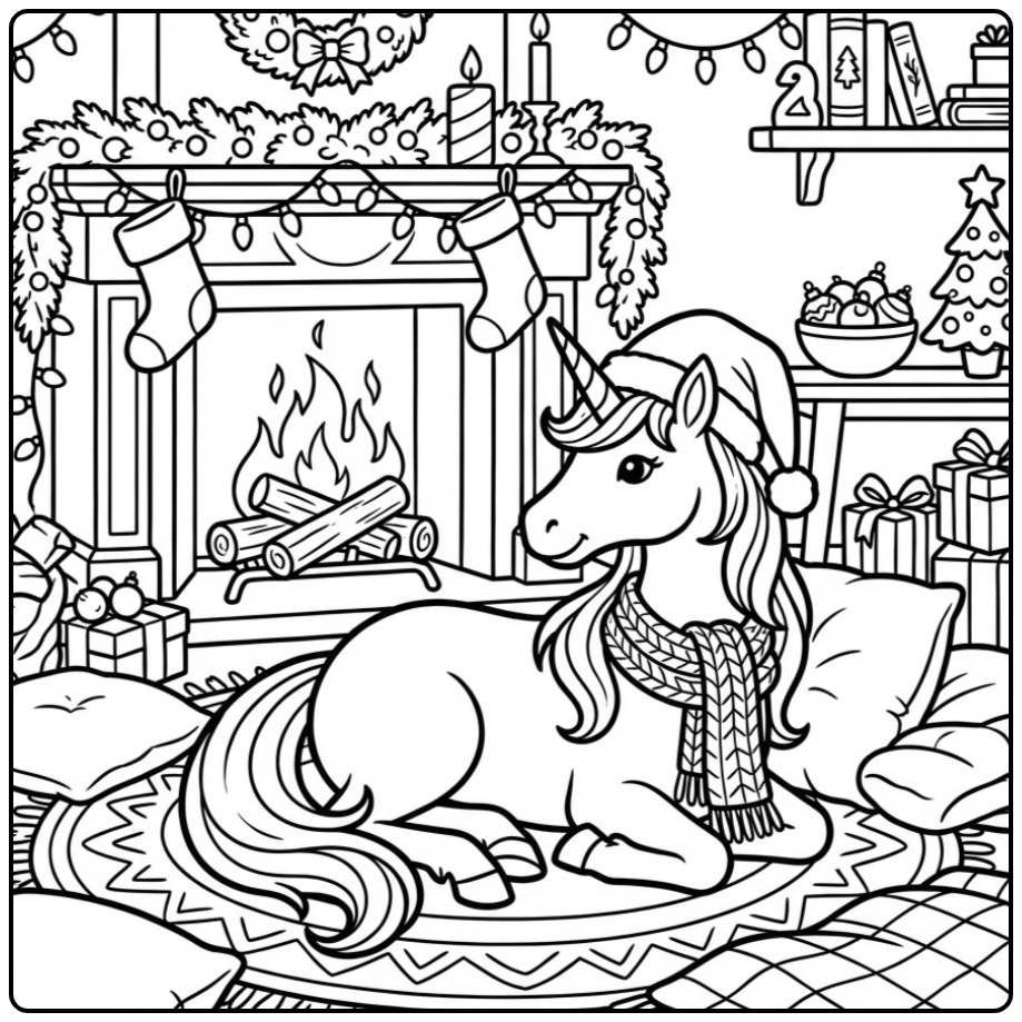 Une jolie scène de coloriage licorne noel près du feu de bois.