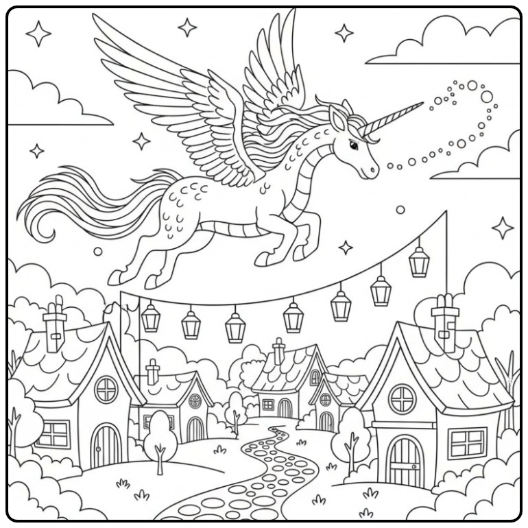 Un fantastique coloriage dragon licorne volant au-dessus d'un village.