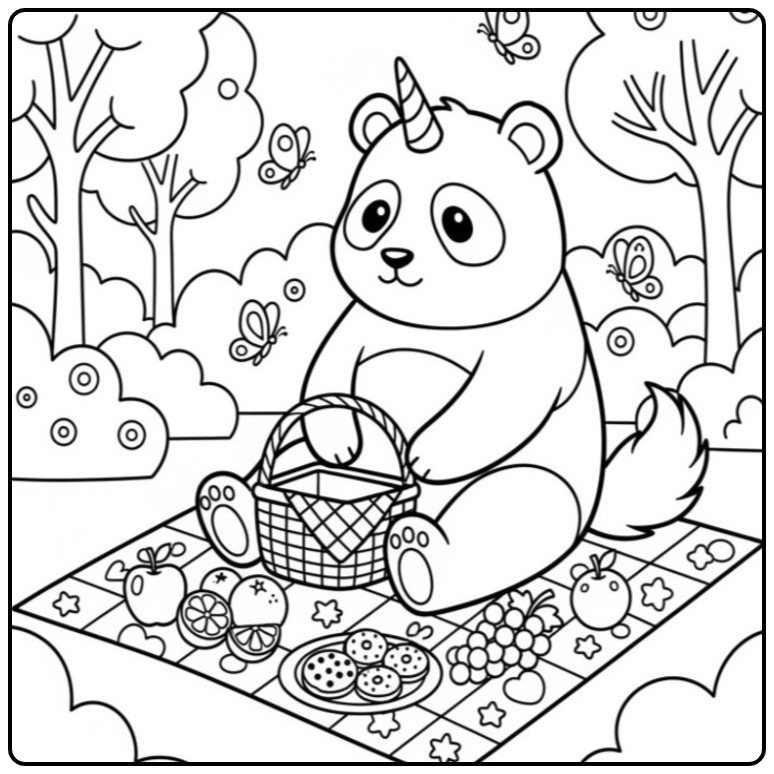 Un adorable coloriage panda licorne faisant un pique-nique.