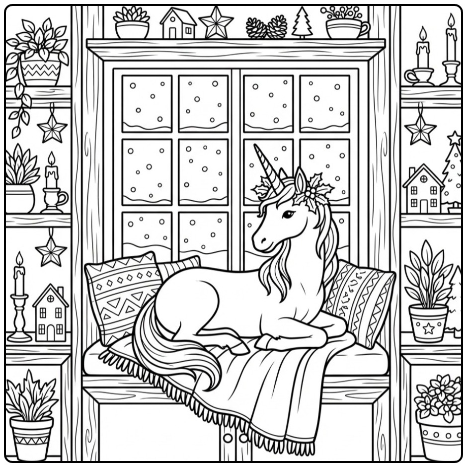 Joli coloriage licorne noel près d'une fenêtre enneigée.