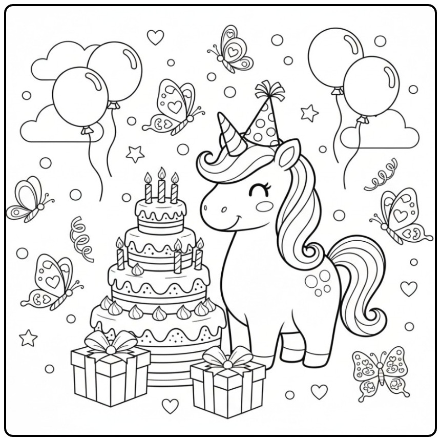 Jolie scène de Coloriage d’anniversaire licorne papillon avec un gâteau.