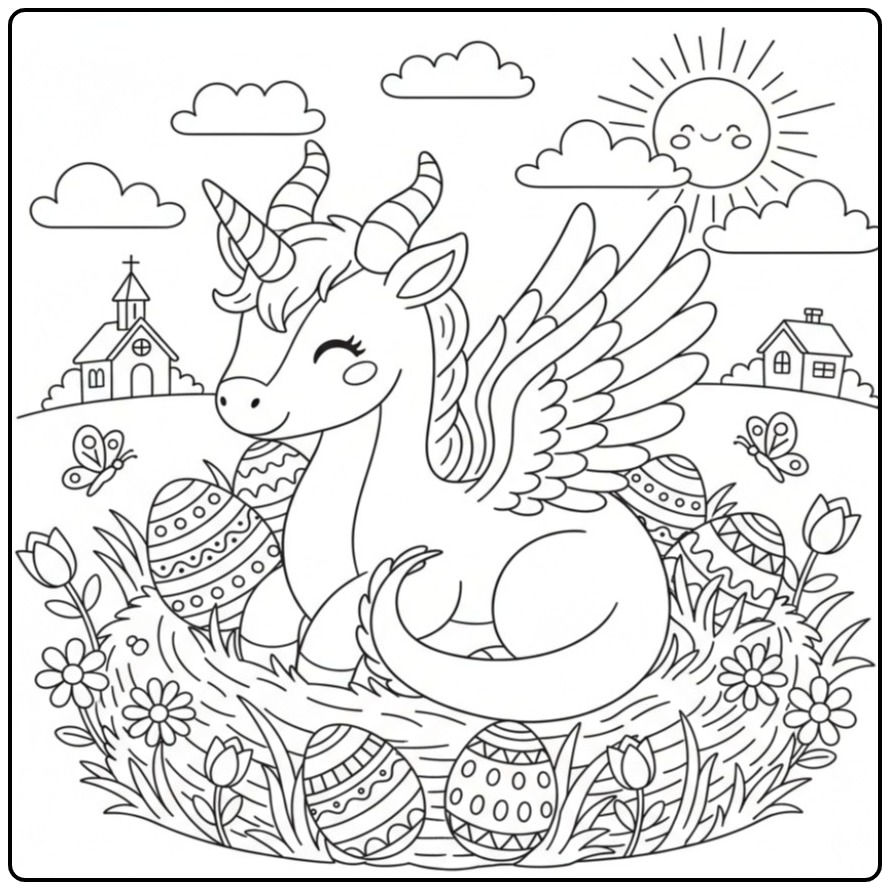 Un mignon Coloriage de Pâques dragon licorne ailé dans son nid.