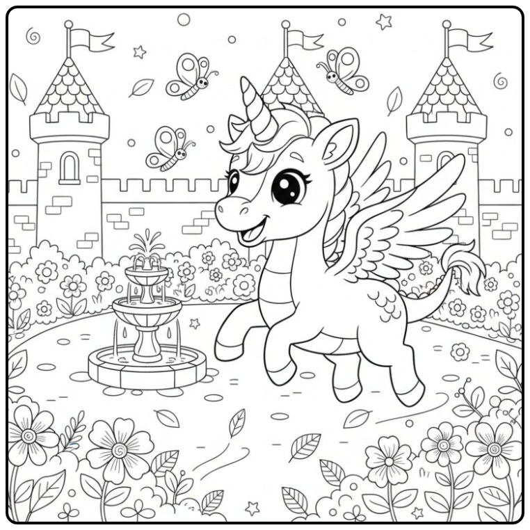 Jolie créature fantastique dans un Coloriage dragon licorne et château.