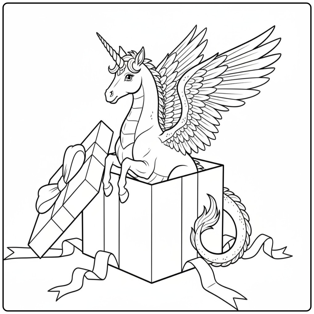 Un surprenant coloriage dragon licorne sortant d'un cadeau.