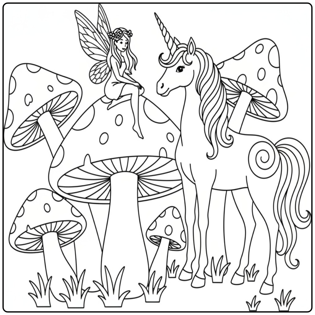 Un coloriage fée licorne dans une forêt de champignons magiques.