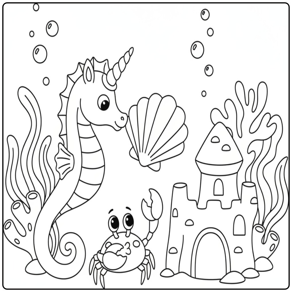 Un joli coloriage hippocampe licorne avec un crabe souriant.