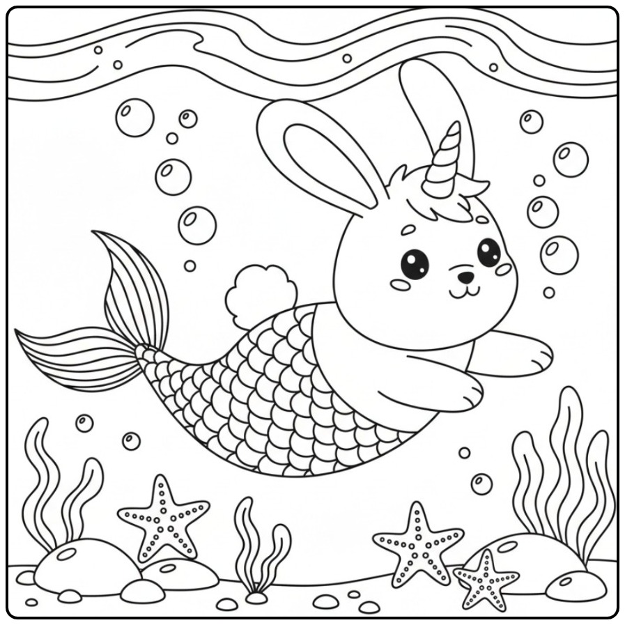 Un mignon Coloriage lapin licorne sirène nageant sous l'eau.