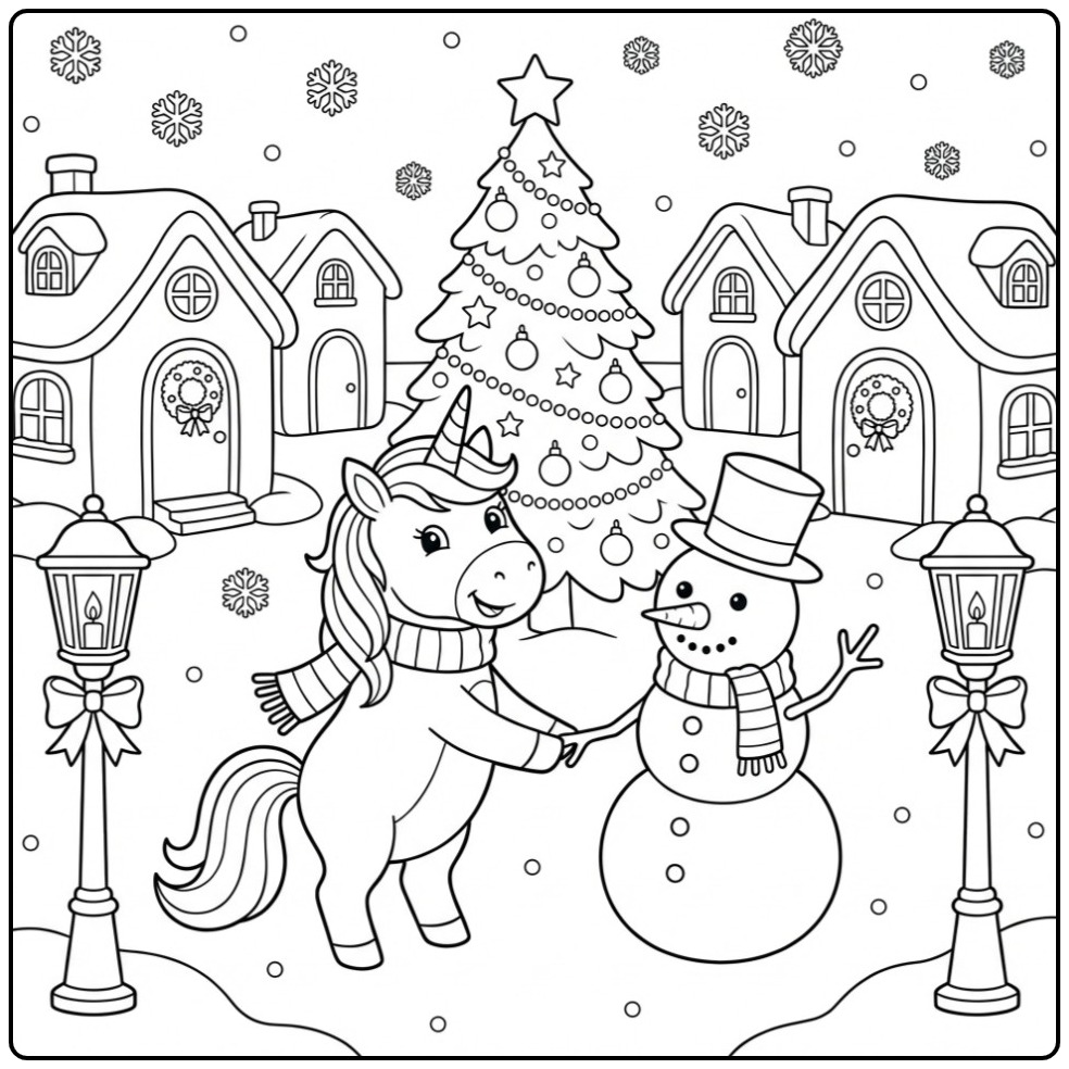 Scène festive coloriage Licorne de Noël et Bonhomme de Neige.