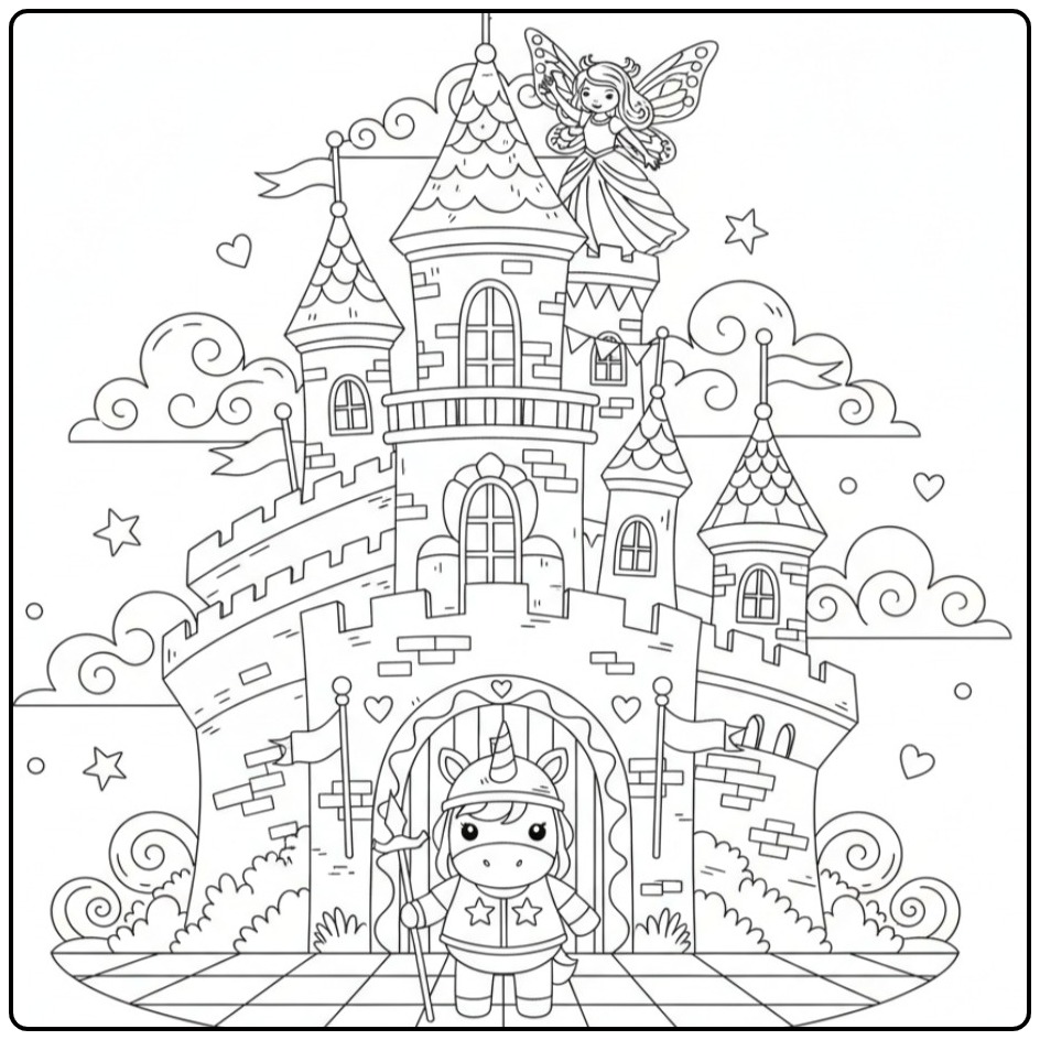 Joli Coloriage Licorne et Château avec un gardien et une fée.