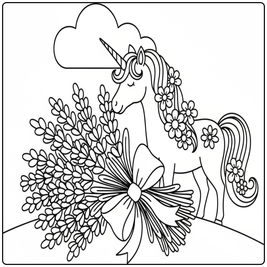 Un joli coloriage licorne fleur avec un gros bouquet de lavande.